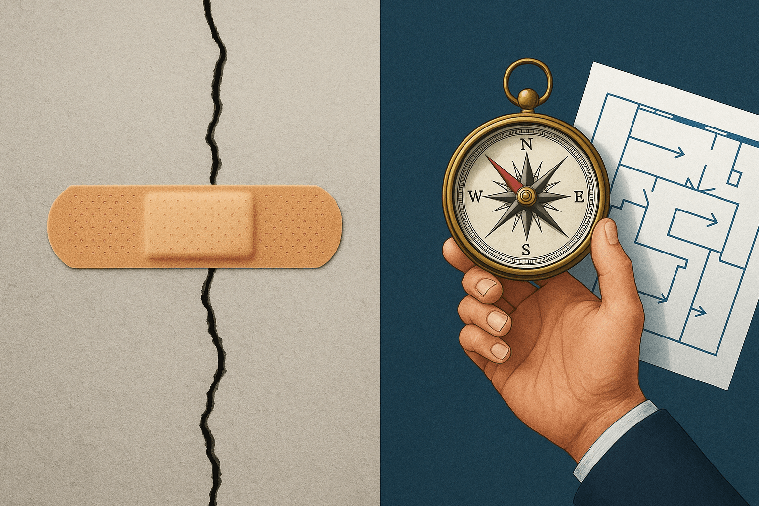 Illustration d’un pansement couvrant une fissure opposé à une main tenant une boussole et un plan, symbolisant le manager de transition au-delà du simple pansement.