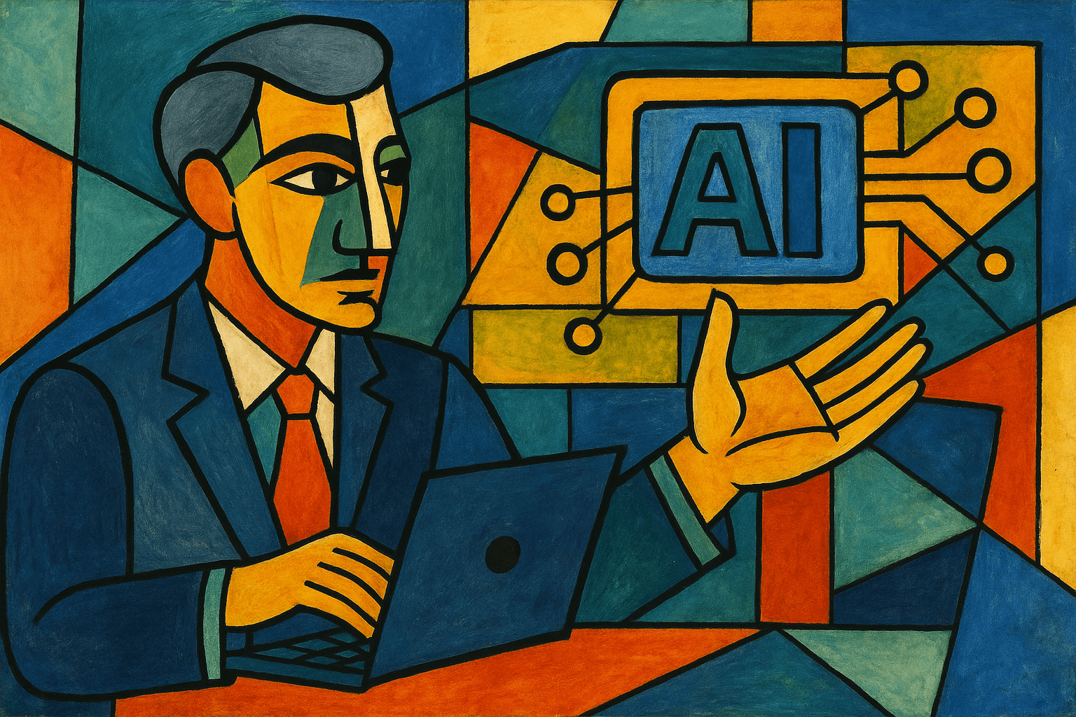 Le manager de transition à l’ère de l’intelligence artificielle Illustration abstraite de style Picasso représentant un manager utilisant l’intelligence artificielle dans son activité professionnelle